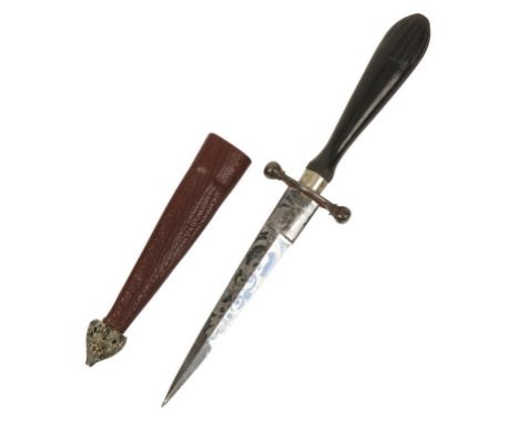A MASONIC DAGGER with edged blued decorated blade and ebonised handle, in a red leather scabbard, circa 1900 