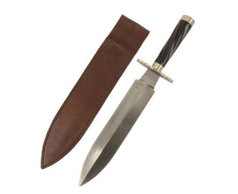 A BOWIE KNIFE by J.E. Middleton & Sons of Sheffield, with ebonised handle and leather scabbard, 44cm long