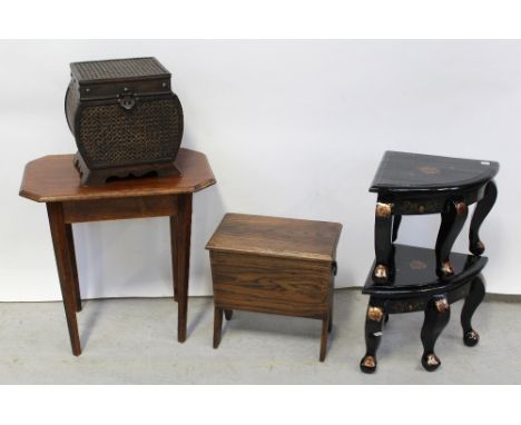 A small oak canted corner table on square tapering legs, height 55cm, a pair of black painted quarter circle tables, a mid-to