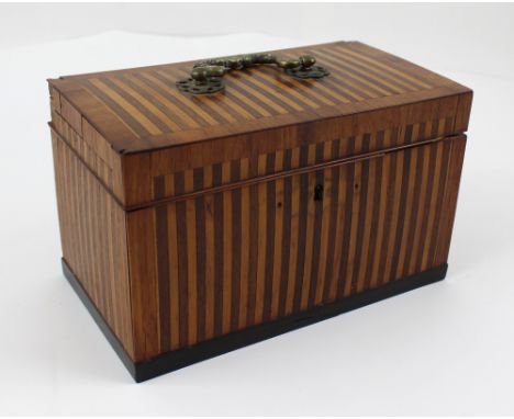 A 19th century tea caddy with boxwood and fruitwood banding and three interior metal tea caddies, length 22cm (af). CONDITION