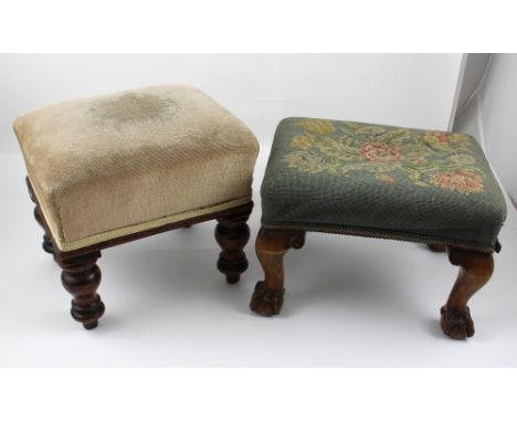 Two Victorian footstools, one with mahogany frame and turned supports, the other with Aubusson-style tapestry top to cabriole