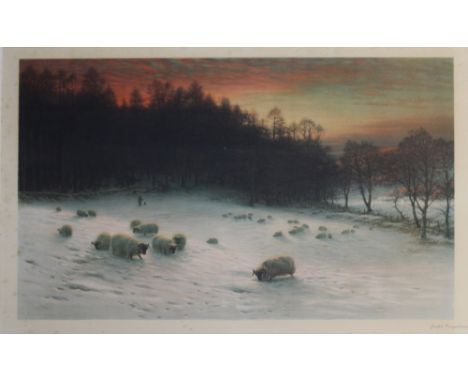 JOSEPH FARQUHARSON; a colour lithograph of sheep and shepherd in the snow, signed within the print and signed in pencil lower