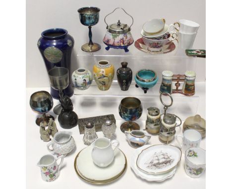 A mixed lot to include a Royal Worcester 1930s vase, a small octagonal cloisonné vase, Japanese metal box, cold cast figure o