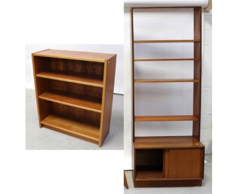 A 1970s teak open floor-standing bookcase, 103 x 83cm and a teak five-shelf bookcase with lower cupboard with two sliding doo