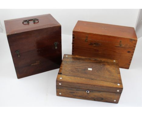A 19th century rosewood workbox with later covered interior and a pine scientific instruments case and a mahogany electrical 