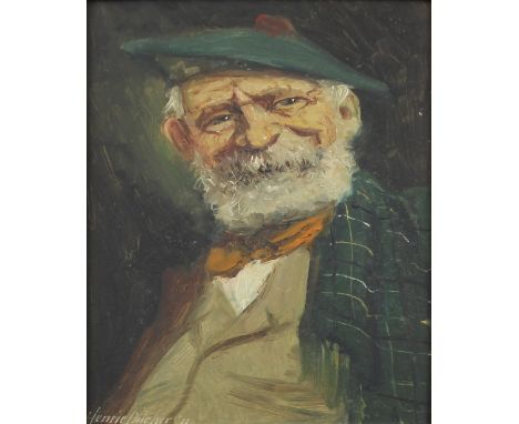 HENRIE PITCHER (act c1880-1904); oil on board, elderly Scottish gentleman in Tam o' Shanter and plaid jacket, signed lower-le