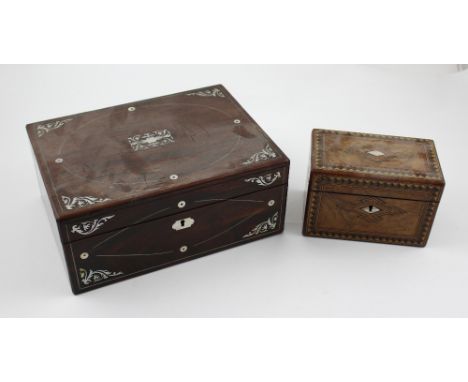 A 19th century walnut inlaid tea caddy with original lead lining and mother of pearl decoration, length 18cm and an early 20t
