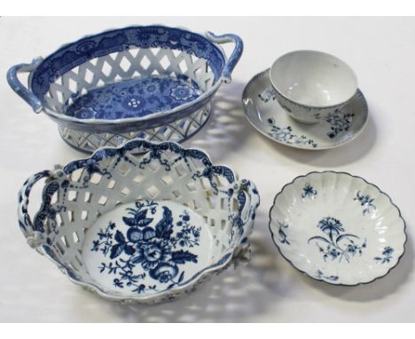 A c1758-83 Worcester oval basket bowl with printed pine cone and floral decoration, applied flowers to exterior lattice work,