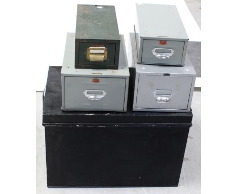 A large black painted metal trunk, width 62.5cm and four small metal index card holders (5).