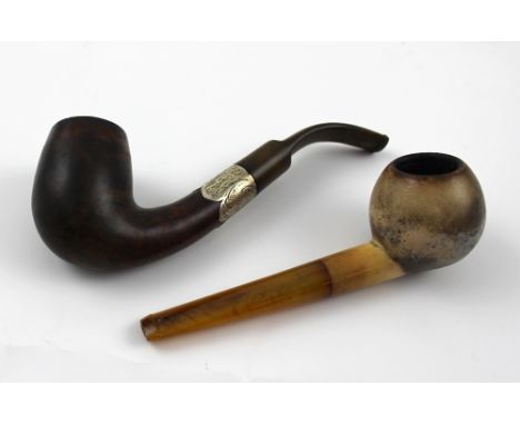 A cased Meerschaum pipe with amber stem and a cased Samuel McLardy pipe with George V hallmarked silver collar, Birmingham 19