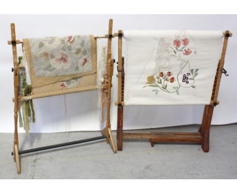 Two floor standing wooden tapestry frames with partially finished tapestry and needlepoint, two small wooden embroidery frame