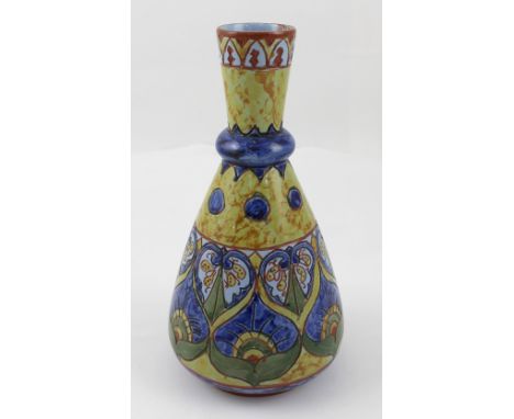 Carlo Manzoni (1855-1910); a tin-glazed terracotta mallet-shaped vase decorated in the Art Nouveau style in yellow, blue, gre