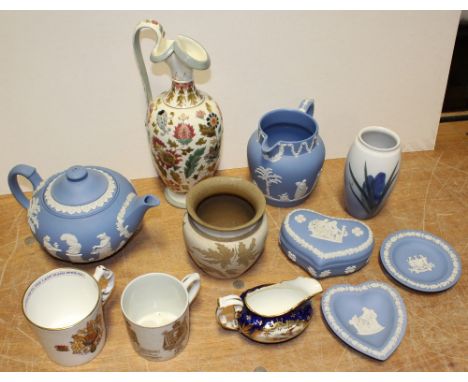 A small collection of ceramics to include a Zsolnay-style high-handled water ewer, height 27.5cm, a Royal Copenhagen floral v