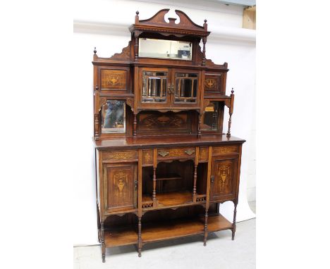 An Edwardian rosewood and marquetry parlour cabinet, the glazed and mirrored elevated section on baluster turned supports sur