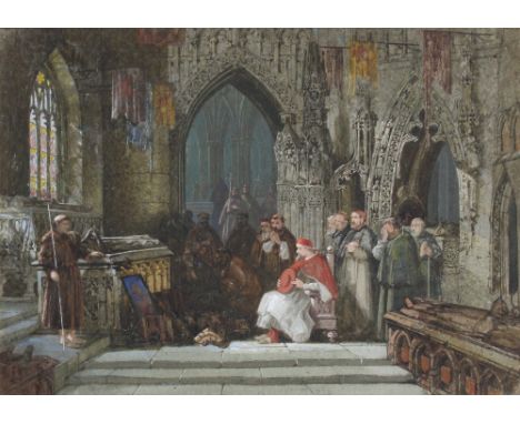 SAMUEL A RAYNER (1806-1879); watercolour, figural interior scene 'The Recovered Masterpiece', depicting tonsured monks and se