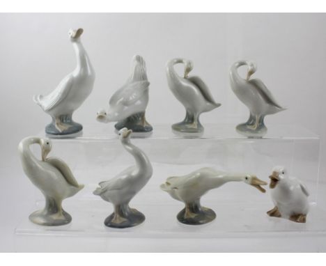 Five Lladró geese figures and three similar Nao figures (8).