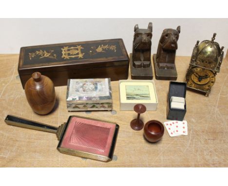 A collectors' lot to include a Sorrento marquetry glove box with floral sprays and monogram 'EH' to the lid, lined with olive