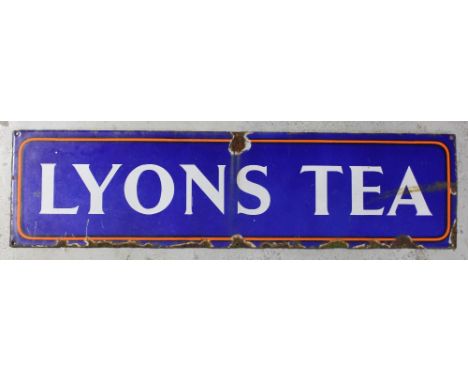 A vintage enamel 'Lyon's Tea' sign with white lettering bordered in orange to a royal blue ground, width 68.5cm.