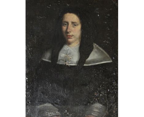 17TH CENTURY DUTCH SCHOOL; oil portrait of a gentlewoman with lettering to the bottom of the image, possibly 'Elisabeth W Bre