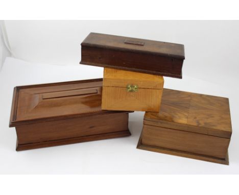 Four vintage boxes to include a mahogany glove box with raised cartouche engraved 'Five Hundred Years Old. This Wood is from 