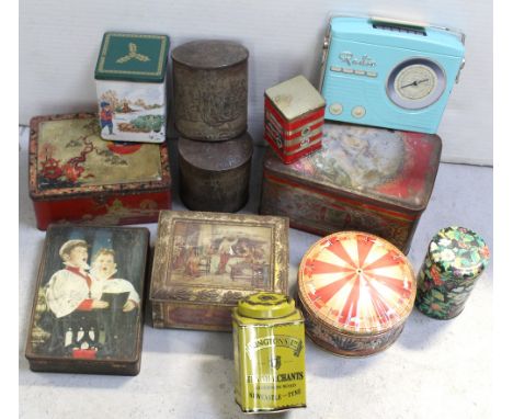 A collection of vintage and later tins and tea canisters to include two 19th century elliptical cylindrical tea canisters wit