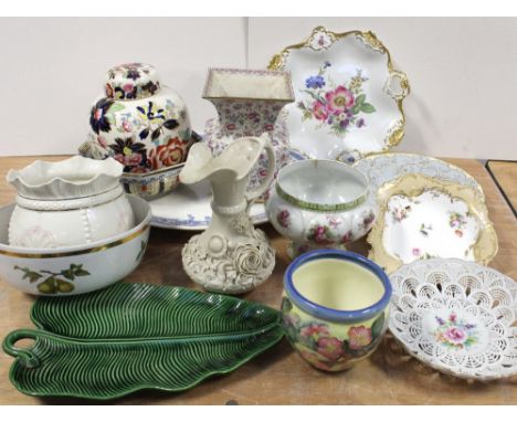 A quantity of pottery and porcelain to include Ridgway-style floral painted porcelain dishes, a black back stamp Belleek jug 