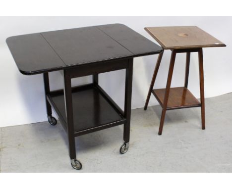 An Edwardian mahogany square table with line inlay on four square tapering legs united by a shelf stretcher, a three-tier mec