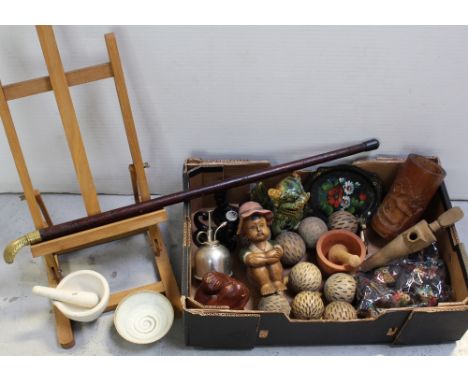 A large quantity of collectors' items to include a bamboo brush pot, a wooden barrel tap, an oak folding bench easel etc.