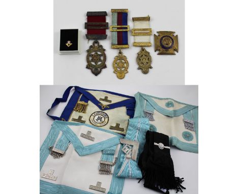 A small collection of Masonic and Royal Order of Antediluvian Buffaloes jewels, aprons and sash, one apron from the Lancashir