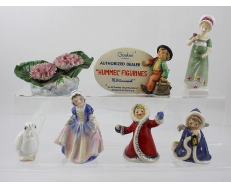 Two Royal Doulton figures, HN1678 'Dinky Do', HN2789 'Ruth', a Royal Doulton tableware carnation on limestone quartz base, tw