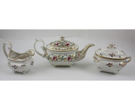 A c1782-1800 Derby teapot, hand-painted with pink roses, ferns and foliage, gilt-heightened, red Derby marks to the base, len