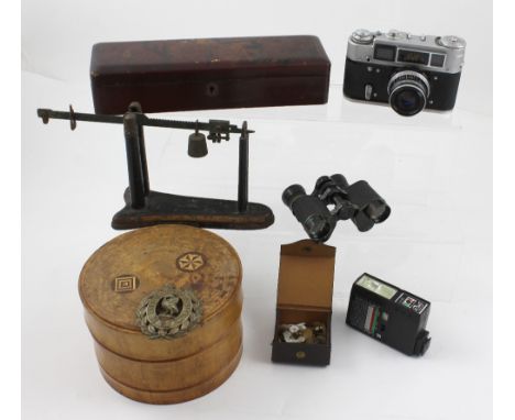 A mixed lot to include a Japanese red lacquer papier mâché glove box, a Japanese treen box with geometric marquetry inlay, a 