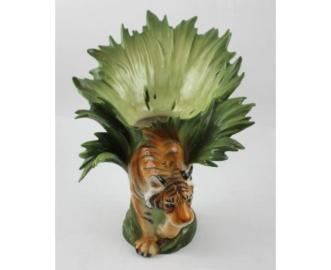 A ceramic flower vase by Franz numbered FZ2001 54, modelled as a tiger stalking through long grass, height 35cm. CONDITION RE