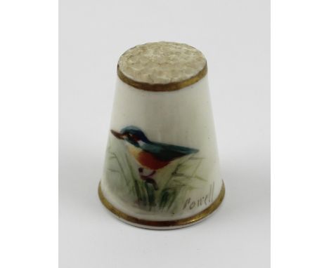 A 1930s Royal Worcester hand-painted thimble, signed Powell for William Powell, bird painter at the factory from 1900-1950, h
