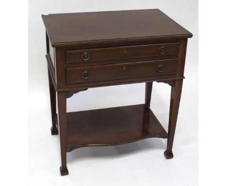 An Edwardian mahogany cutlery table, two frieze drawers to tapering supports and lower shelf, width 71cm.