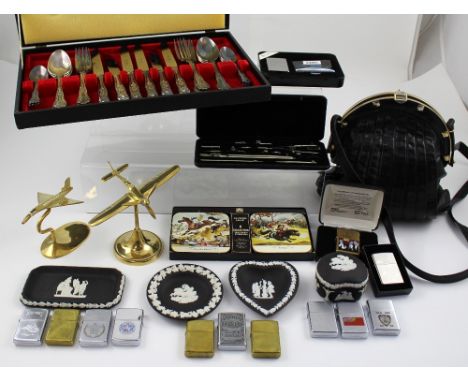 A mixed lot to include four pieces of Wedgwood Basalt Jasperware, a Riefler cased geometry set, a boxed set of Viners Flatwar