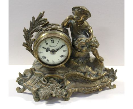 An early-to-mid 20th century brass gilded eight-day mantel clock in the Italian style, decorated with young agricultural fiel