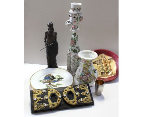 A collectors' lot to include a bronze-effect figure of a Native American, a Dresden-style Continental baluster vase with appl