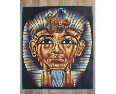 An Egyptian gouache on papyrus, portrait of the mask of Tutankhamun, 90 x 62cm, framed and glazed.