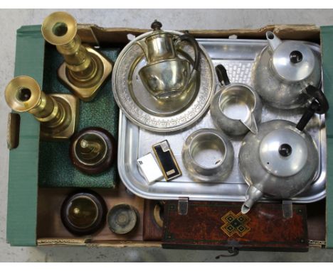 A collection of mixed metal items to include a five-piece alloy Swan brand tea service, plated items, brass candlesticks, an 