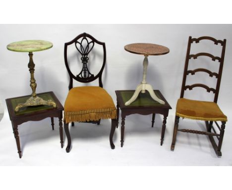 An onyx-topped circular occasional table on gilded column stand and tripartite base, a small occasional table with beaten cop