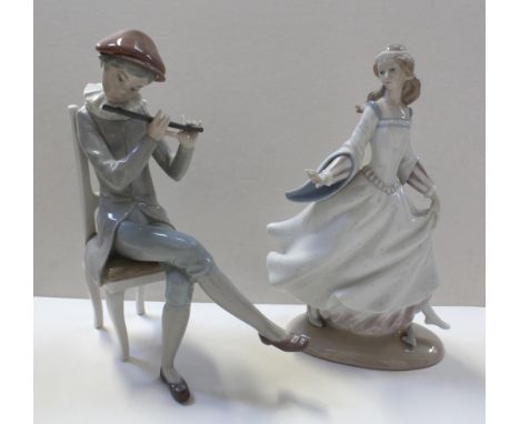 A pair of Lladró figures, a lady in Medieval dress and a young gentlemen seated playing a flute (af) (2).