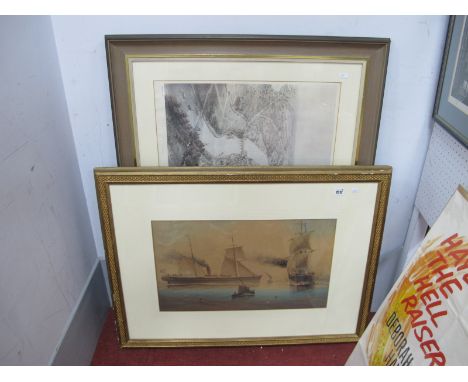 A XIX Century School Watercolour, Steamboat, fishing boat, unsigned, framed 35 x 58, together with a print of Chester circa 1