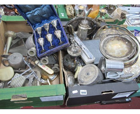 Plated and Engraved Oval Tray, plated tea/coffee service, two branch candelabra, etc:- Two Boxes