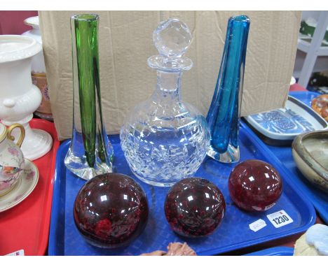 Whitefriears Blue &amp; Green Glass Triform Vases, 23cm high. Three Ruby glass paperweights, decanter.