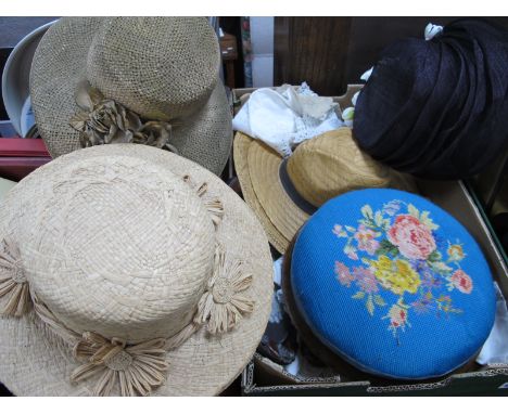 A XIX Century Footstool, with a wool work tapestry, vintage linen doilies ladies hats:-One Box.
