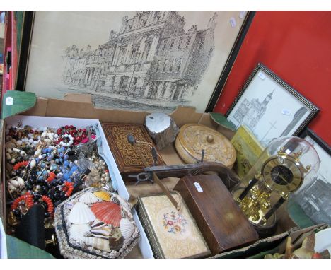 Costume Jewellery, boxes, Kundo clock, Axe and True stump model, crossbow ornament, Doncaster Racecourse tin, etc:- One Box. 