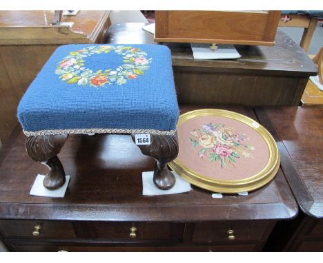 A Floral Tapestry Top Square Footstool, on carved cabriole legs; together with a gilt framed circular floral tapestry panel. 