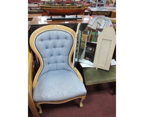 Spoon Back Nursing Chair, upholstered in a button back silver blue damask, cream folding dressing table mirror