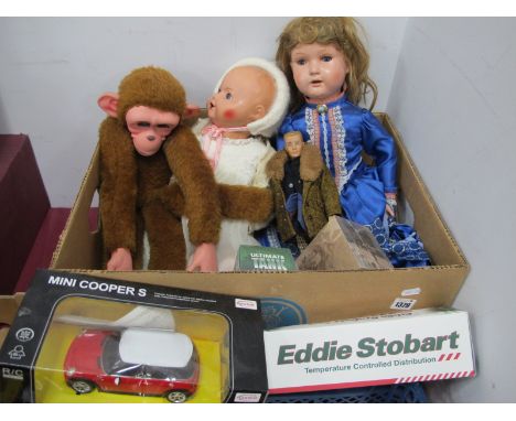 An Early XX Century Composition Doll, with jointed body, head impressed 'Speziale 50', a later baby doll, monkey, Mattel 'Pau